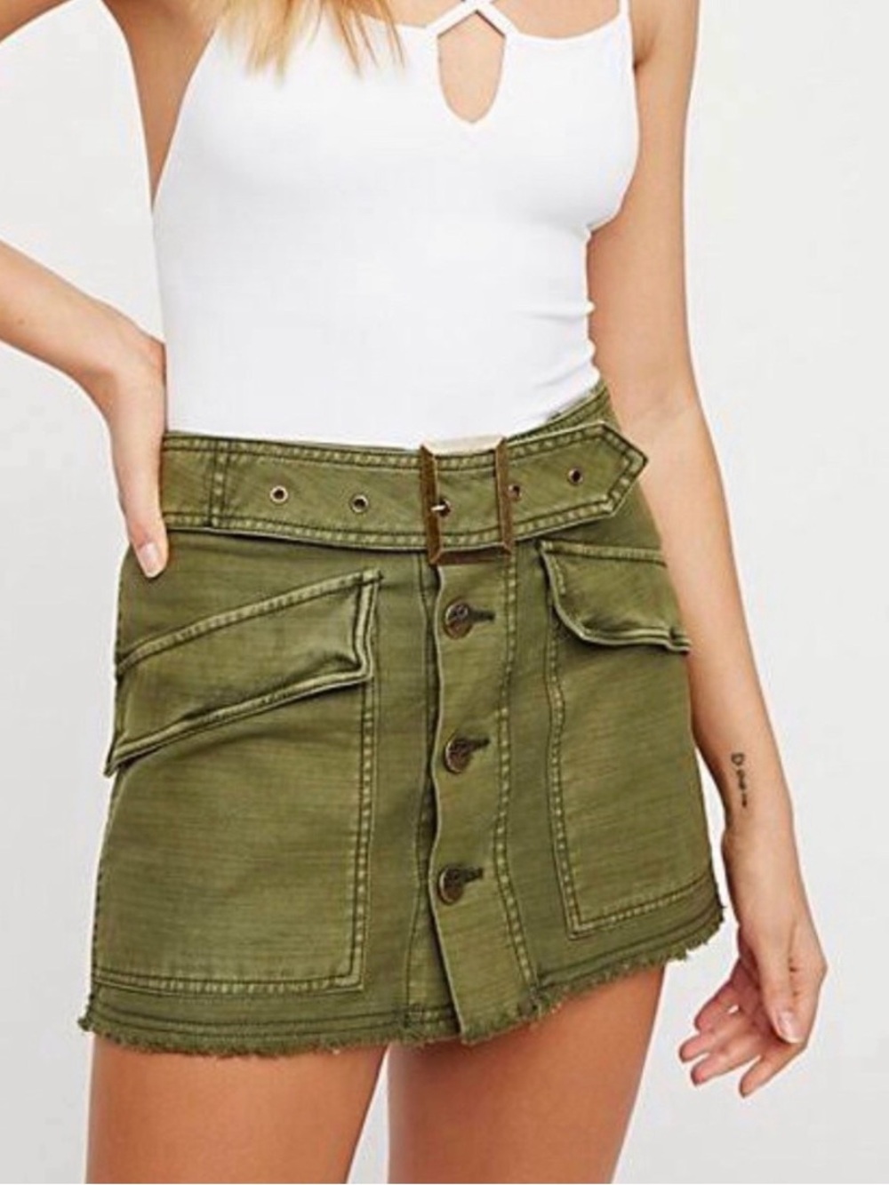 Free People Hanging On Tight Belted Utility Button-Front Mini Skirt